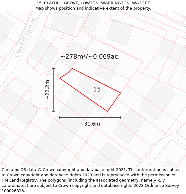 15, CLAYHILL GROVE, LOWTON, WARRINGTON, WA3 1FZ: Plot and title map