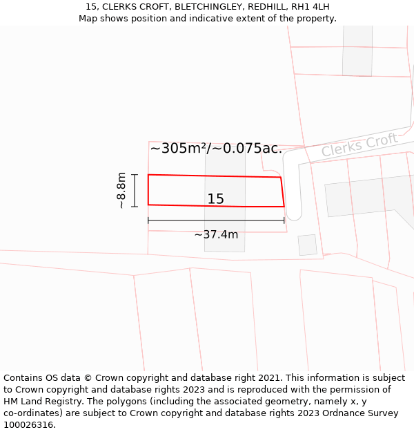 15, CLERKS CROFT, BLETCHINGLEY, REDHILL, RH1 4LH: Plot and title map