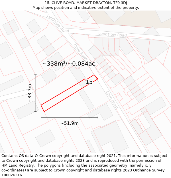 15, CLIVE ROAD, MARKET DRAYTON, TF9 3DJ: Plot and title map