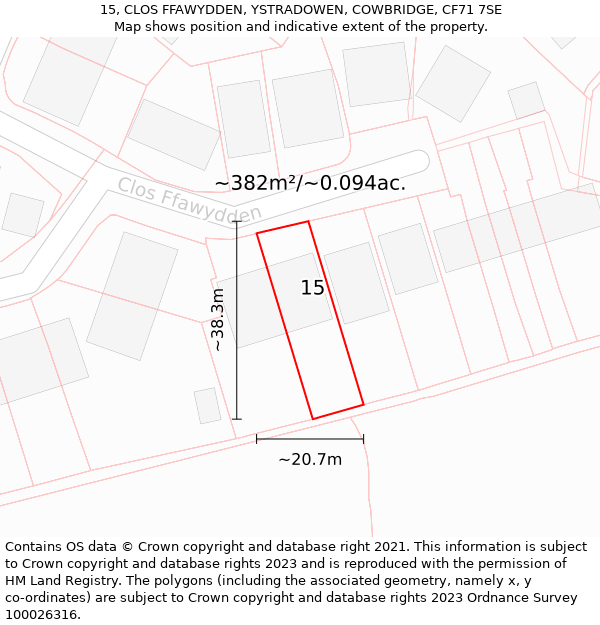 15, CLOS FFAWYDDEN, YSTRADOWEN, COWBRIDGE, CF71 7SE: Plot and title map