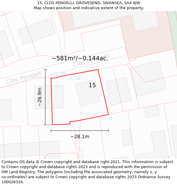 15, CLOS PENGELLI, GROVESEND, SWANSEA, SA4 4JW: Plot and title map