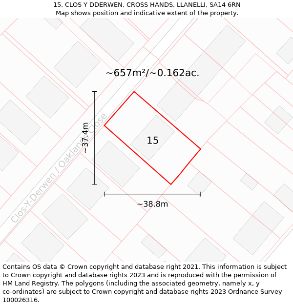 15, CLOS Y DDERWEN, CROSS HANDS, LLANELLI, SA14 6RN: Plot and title map