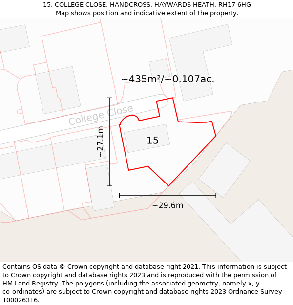 15, COLLEGE CLOSE, HANDCROSS, HAYWARDS HEATH, RH17 6HG: Plot and title map