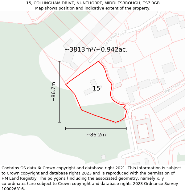 15, COLLINGHAM DRIVE, NUNTHORPE, MIDDLESBROUGH, TS7 0GB: Plot and title map