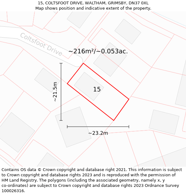 15, COLTSFOOT DRIVE, WALTHAM, GRIMSBY, DN37 0XL: Plot and title map