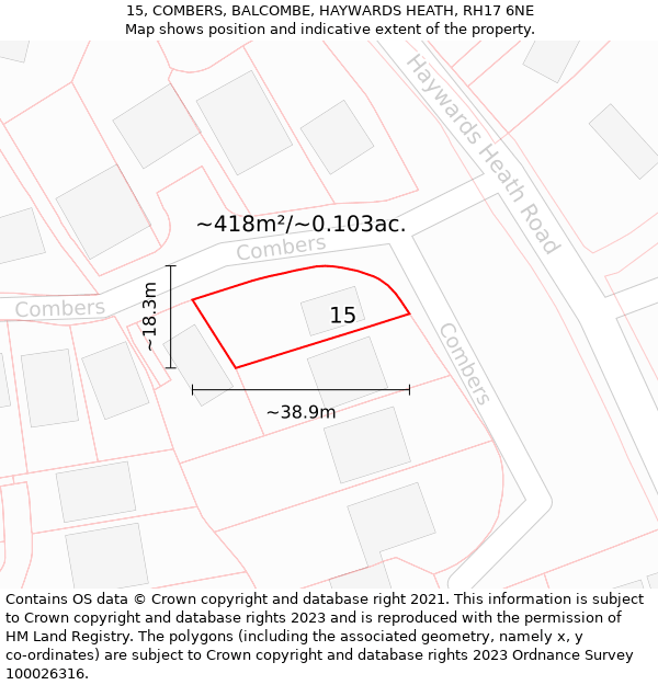 15, COMBERS, BALCOMBE, HAYWARDS HEATH, RH17 6NE: Plot and title map