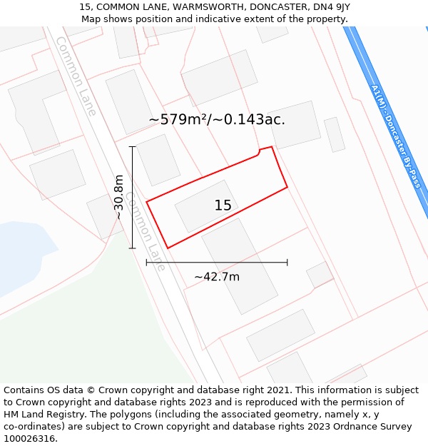 15, COMMON LANE, WARMSWORTH, DONCASTER, DN4 9JY: Plot and title map