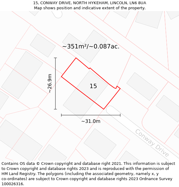 15, CONWAY DRIVE, NORTH HYKEHAM, LINCOLN, LN6 8UA: Plot and title map