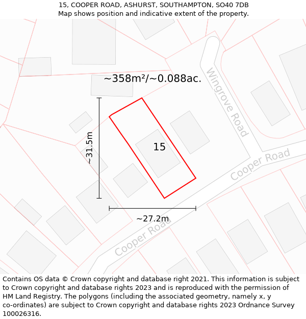 15, COOPER ROAD, ASHURST, SOUTHAMPTON, SO40 7DB: Plot and title map