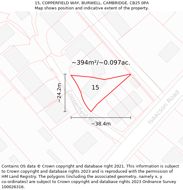 15, COPPERFIELD WAY, BURWELL, CAMBRIDGE, CB25 0PA: Plot and title map