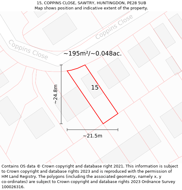 15, COPPINS CLOSE, SAWTRY, HUNTINGDON, PE28 5UB: Plot and title map