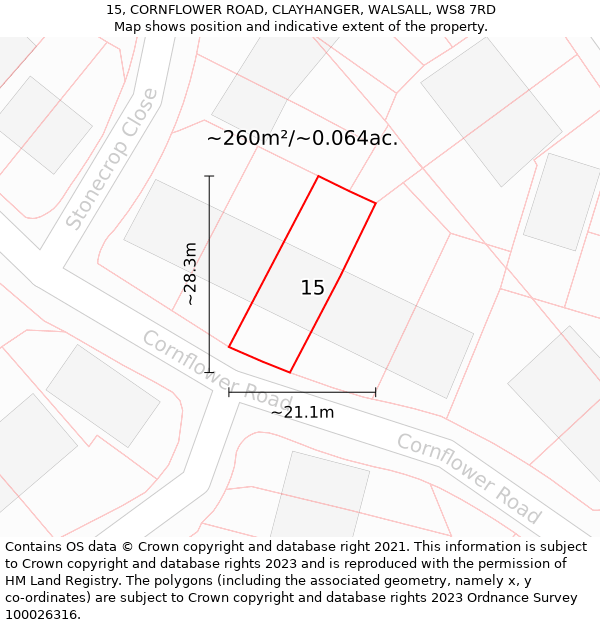 15, CORNFLOWER ROAD, CLAYHANGER, WALSALL, WS8 7RD: Plot and title map