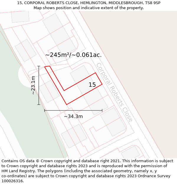 15, CORPORAL ROBERTS CLOSE, HEMLINGTON, MIDDLESBROUGH, TS8 9SP: Plot and title map