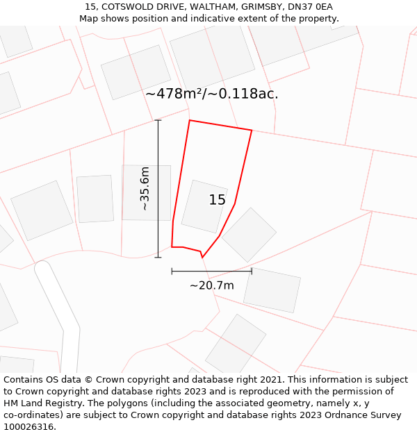 15, COTSWOLD DRIVE, WALTHAM, GRIMSBY, DN37 0EA: Plot and title map