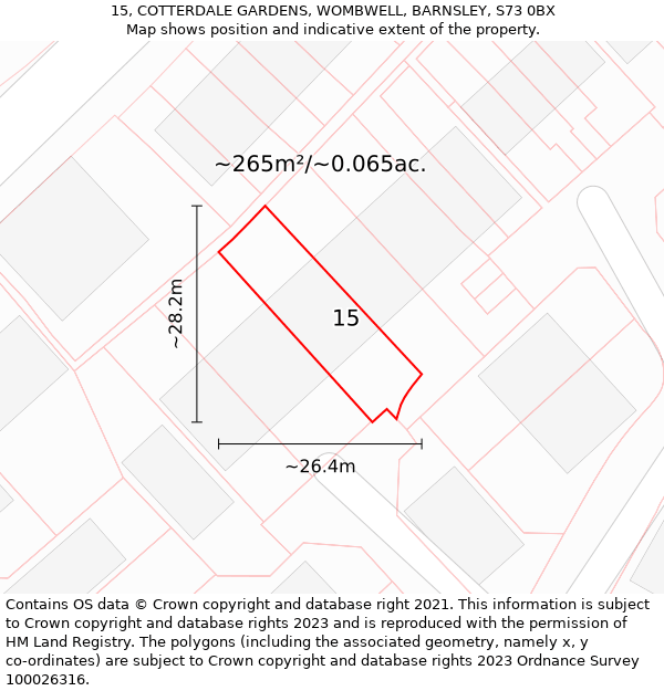 15, COTTERDALE GARDENS, WOMBWELL, BARNSLEY, S73 0BX: Plot and title map