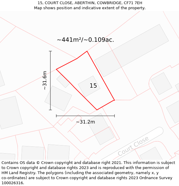 15, COURT CLOSE, ABERTHIN, COWBRIDGE, CF71 7EH: Plot and title map