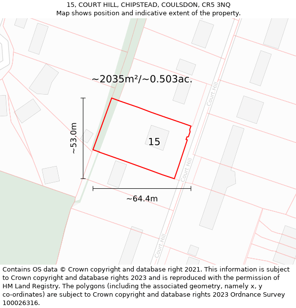 15, COURT HILL, CHIPSTEAD, COULSDON, CR5 3NQ: Plot and title map