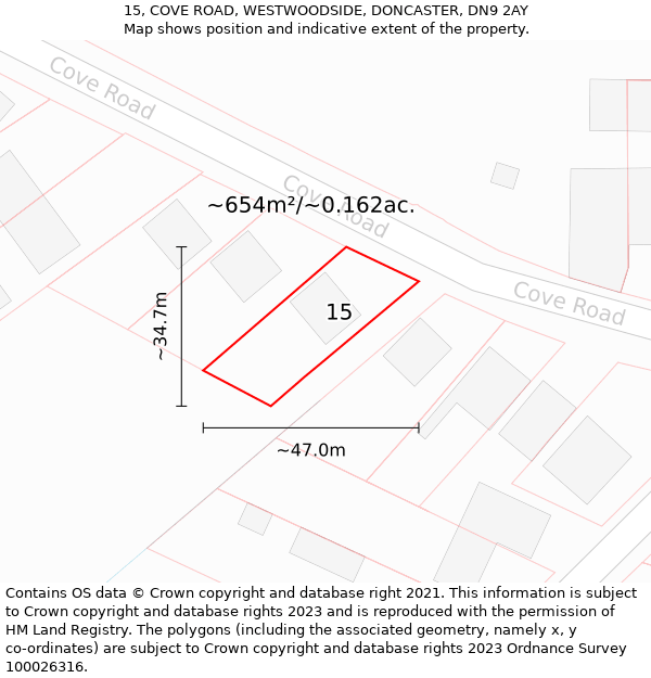 15, COVE ROAD, WESTWOODSIDE, DONCASTER, DN9 2AY: Plot and title map