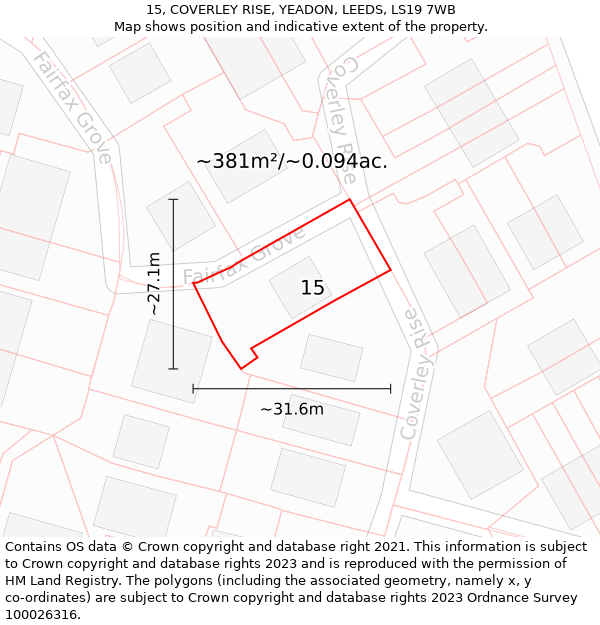 15, COVERLEY RISE, YEADON, LEEDS, LS19 7WB: Plot and title map