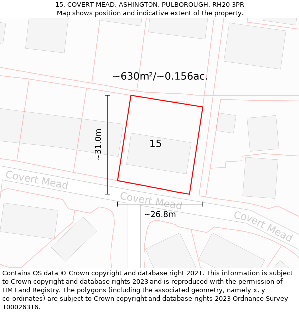 15, COVERT MEAD, ASHINGTON, PULBOROUGH, RH20 3PR: Plot and title map