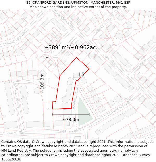 15, CRANFORD GARDENS, URMSTON, MANCHESTER, M41 8SP: Plot and title map