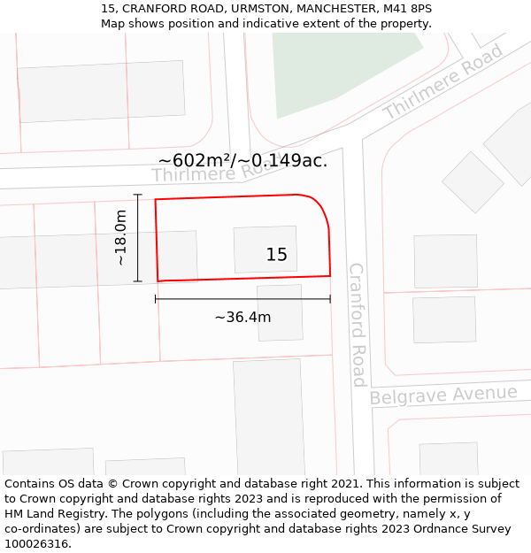 15, CRANFORD ROAD, URMSTON, MANCHESTER, M41 8PS: Plot and title map