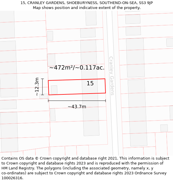 15, CRANLEY GARDENS, SHOEBURYNESS, SOUTHEND-ON-SEA, SS3 9JP: Plot and title map