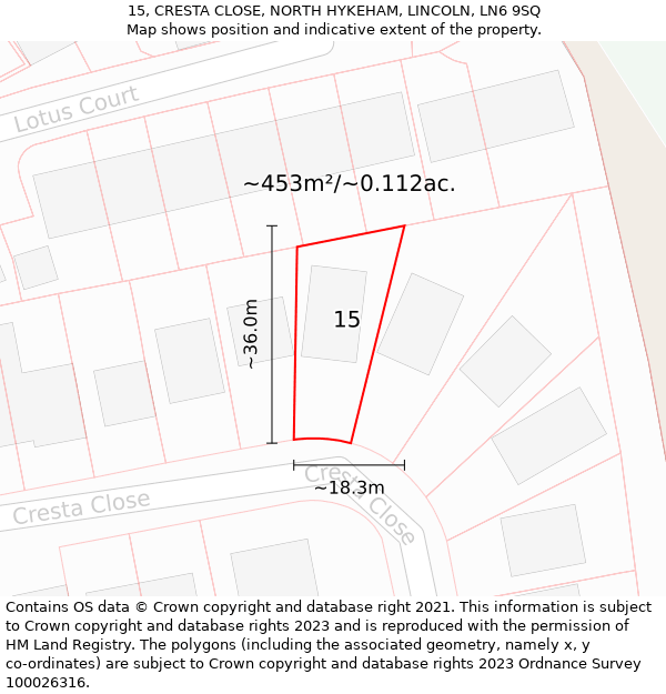 15, CRESTA CLOSE, NORTH HYKEHAM, LINCOLN, LN6 9SQ: Plot and title map