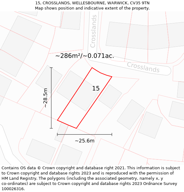 15, CROSSLANDS, WELLESBOURNE, WARWICK, CV35 9TN: Plot and title map