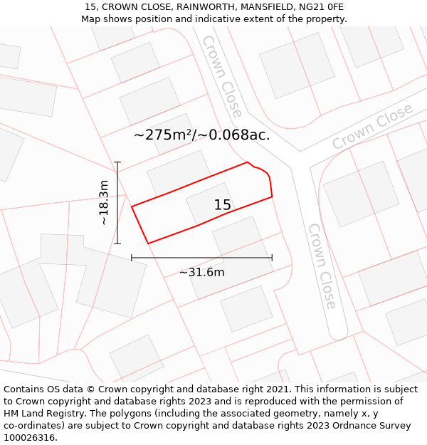 15, CROWN CLOSE, RAINWORTH, MANSFIELD, NG21 0FE: Plot and title map