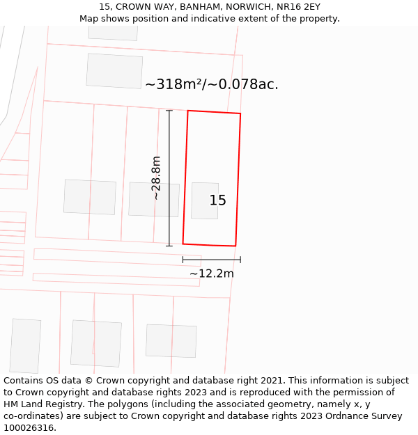 15, CROWN WAY, BANHAM, NORWICH, NR16 2EY: Plot and title map