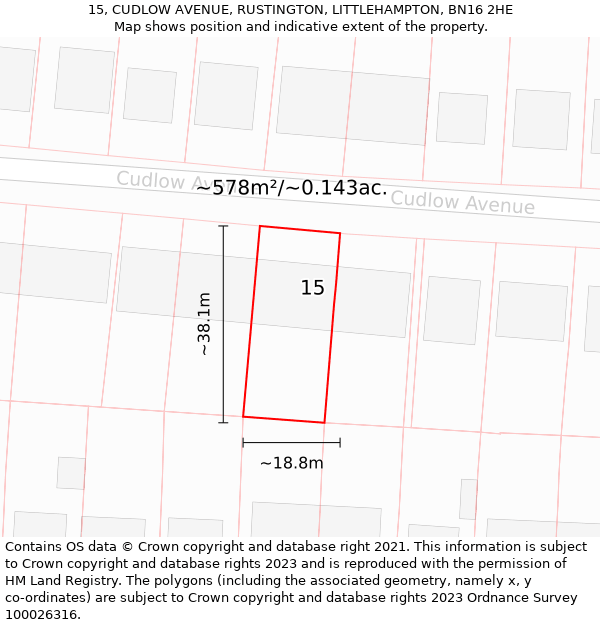 15, CUDLOW AVENUE, RUSTINGTON, LITTLEHAMPTON, BN16 2HE: Plot and title map