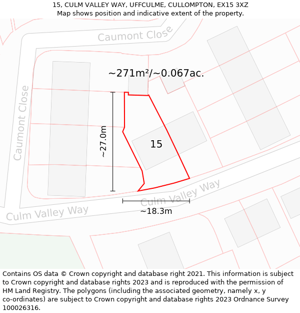 15, CULM VALLEY WAY, UFFCULME, CULLOMPTON, EX15 3XZ: Plot and title map