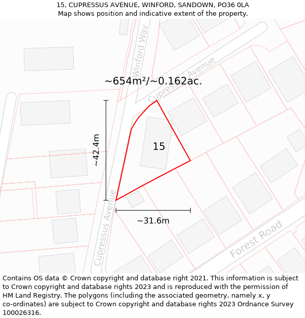 15, CUPRESSUS AVENUE, WINFORD, SANDOWN, PO36 0LA: Plot and title map