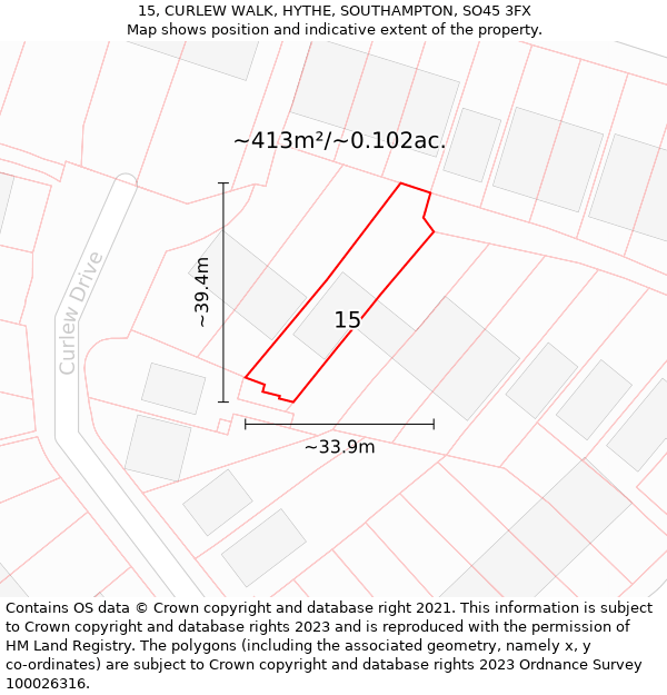 15, CURLEW WALK, HYTHE, SOUTHAMPTON, SO45 3FX: Plot and title map