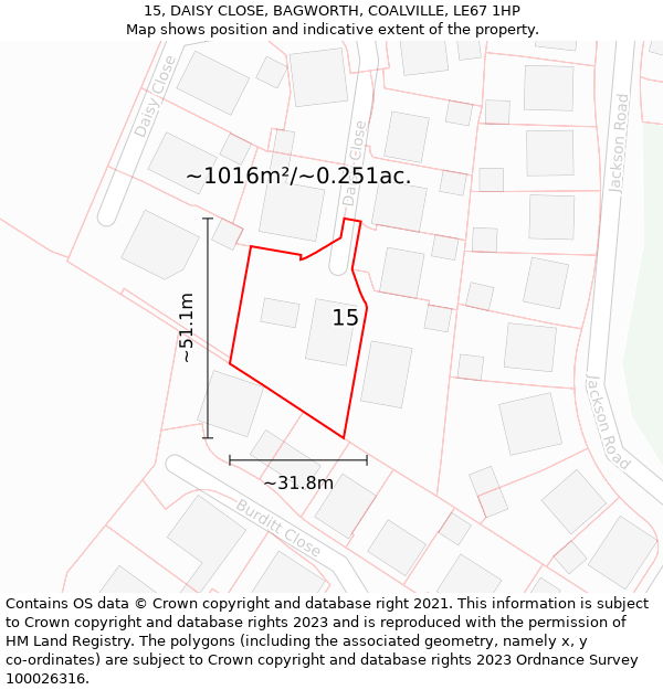 15, DAISY CLOSE, BAGWORTH, COALVILLE, LE67 1HP: Plot and title map