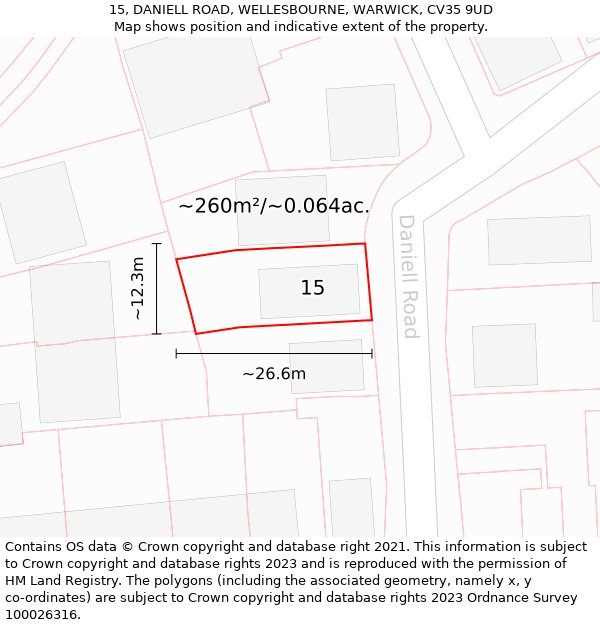 15, DANIELL ROAD, WELLESBOURNE, WARWICK, CV35 9UD: Plot and title map