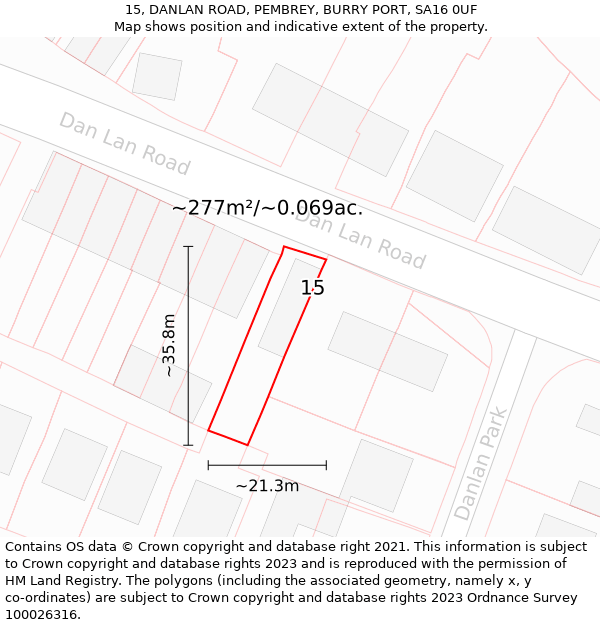 15, DANLAN ROAD, PEMBREY, BURRY PORT, SA16 0UF: Plot and title map
