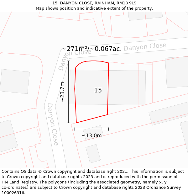 15, DANYON CLOSE, RAINHAM, RM13 9LS: Plot and title map