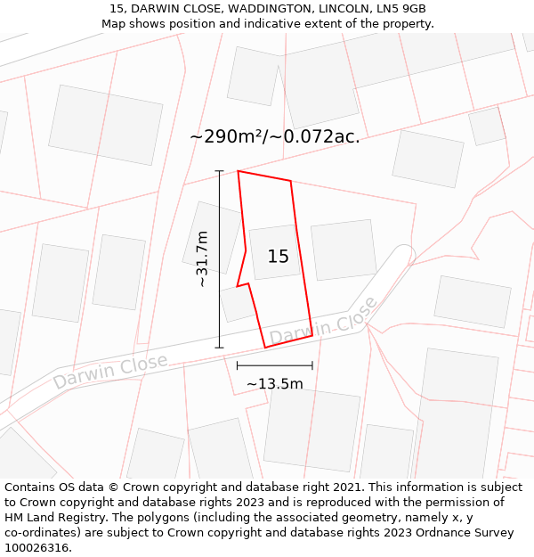 15, DARWIN CLOSE, WADDINGTON, LINCOLN, LN5 9GB: Plot and title map