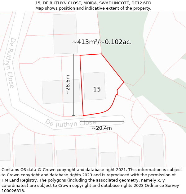 15, DE RUTHYN CLOSE, MOIRA, SWADLINCOTE, DE12 6ED: Plot and title map