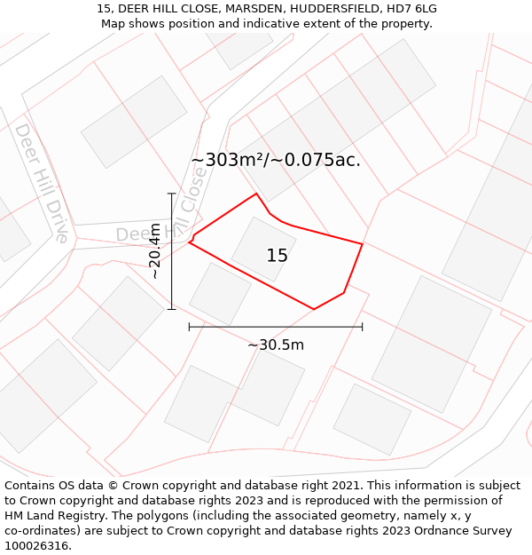 15, DEER HILL CLOSE, MARSDEN, HUDDERSFIELD, HD7 6LG: Plot and title map