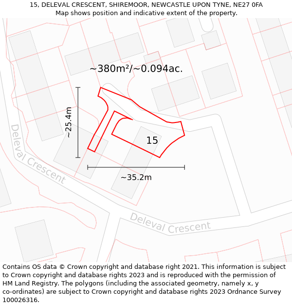 15, DELEVAL CRESCENT, SHIREMOOR, NEWCASTLE UPON TYNE, NE27 0FA: Plot and title map