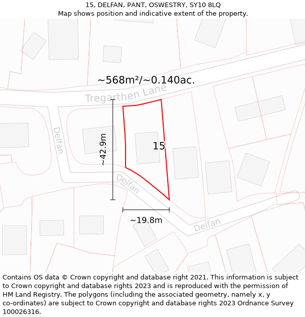 15, DELFAN, PANT, OSWESTRY, SY10 8LQ: Plot and title map