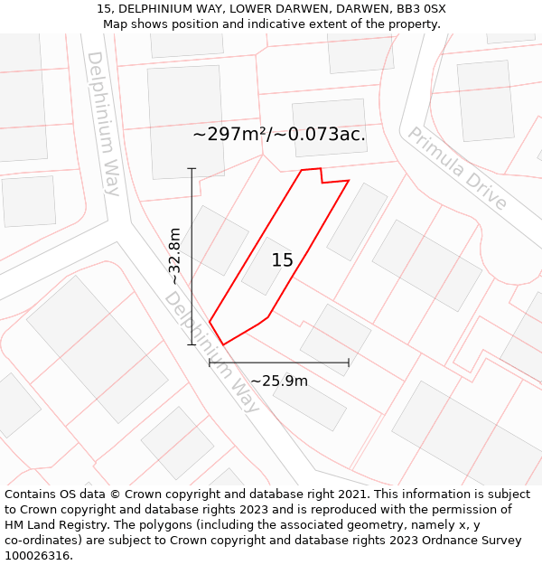 15, DELPHINIUM WAY, LOWER DARWEN, DARWEN, BB3 0SX: Plot and title map