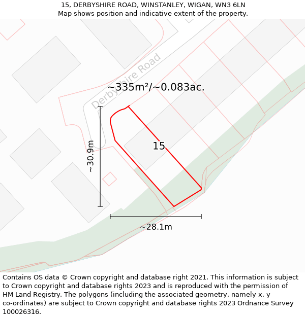 15, DERBYSHIRE ROAD, WINSTANLEY, WIGAN, WN3 6LN: Plot and title map