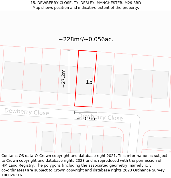 15, DEWBERRY CLOSE, TYLDESLEY, MANCHESTER, M29 8RD: Plot and title map