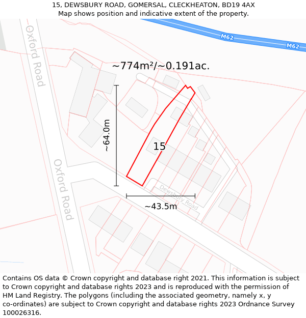 15, DEWSBURY ROAD, GOMERSAL, CLECKHEATON, BD19 4AX: Plot and title map