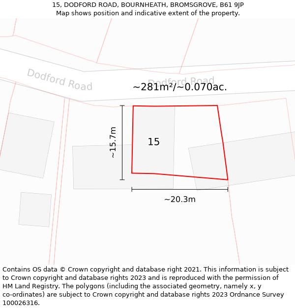 15, DODFORD ROAD, BOURNHEATH, BROMSGROVE, B61 9JP: Plot and title map