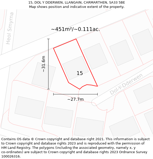 15, DOL Y DDERWEN, LLANGAIN, CARMARTHEN, SA33 5BE: Plot and title map